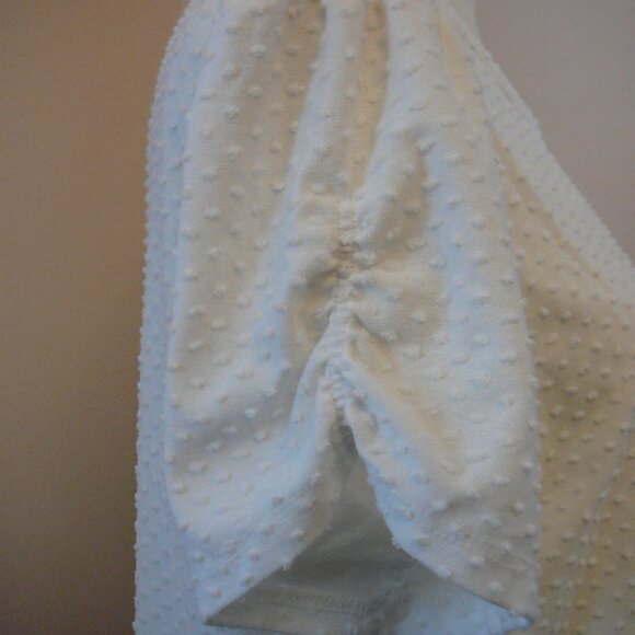 Chenault White Popcorn Textured Gathered Short Sleeve Round Neck Tie Waist Top-S - Picture 3 of 5